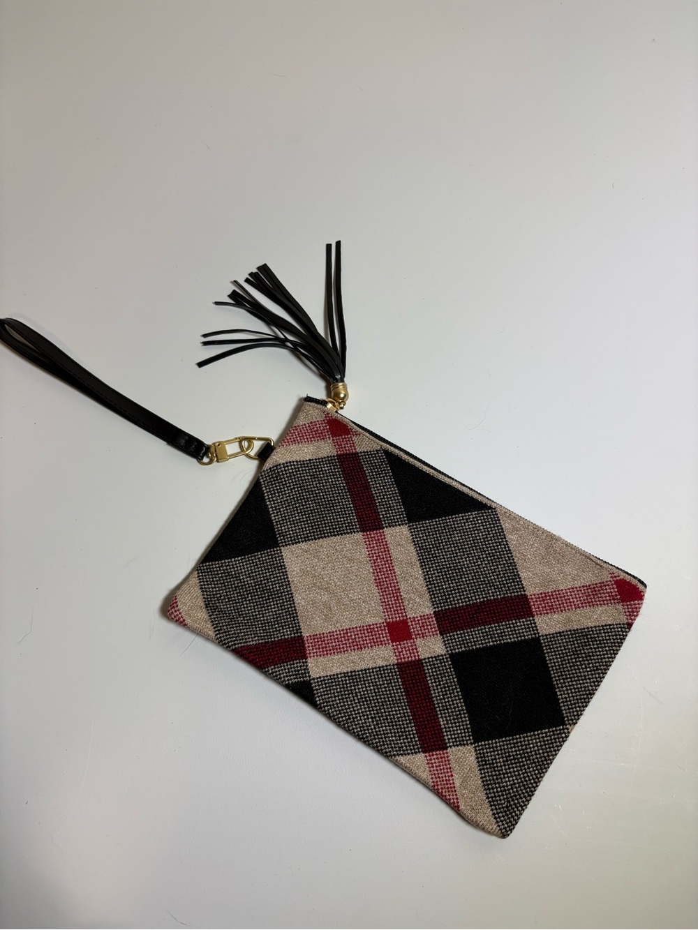Plaid Wristlet Mini Bag in Beige, Black & Red